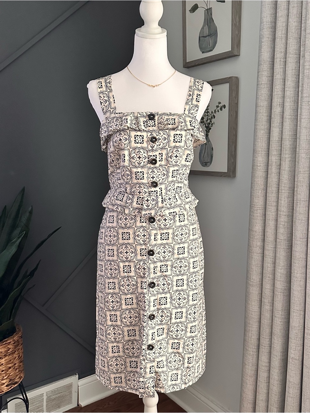 Ann Taylor Feminine Cream & Black Tile-Print Button-Front Midi Dress